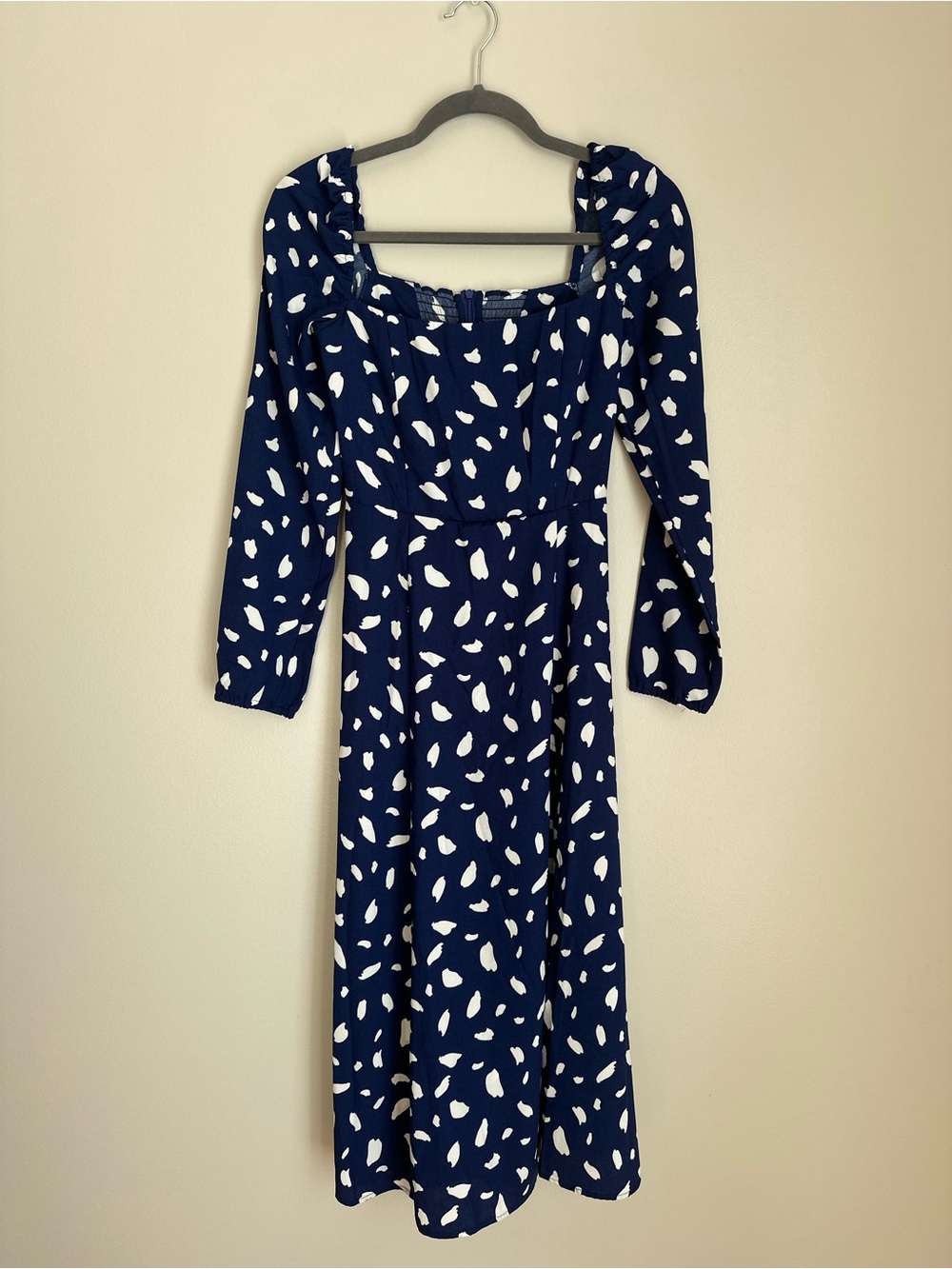 NEW JL Luxe Blue White Abstract Print Square Neck Long Sleeve Midi Dress Size 6